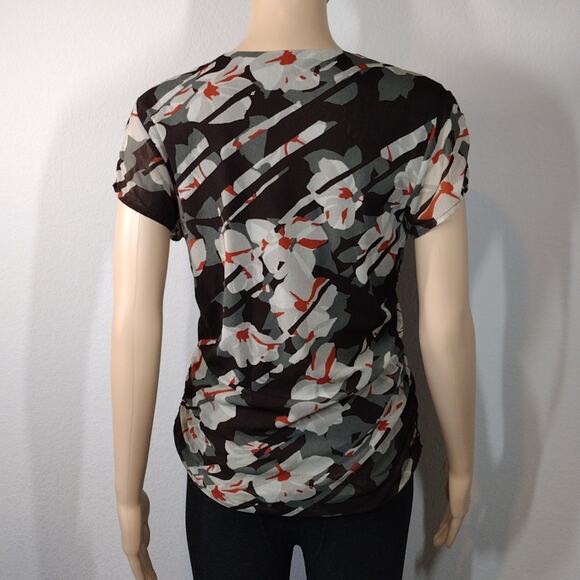 Kenneth Cole Reaction Brown Green Orange Floral Cinched Short Sleeve Sheer Shirt - Picture 2 of 12